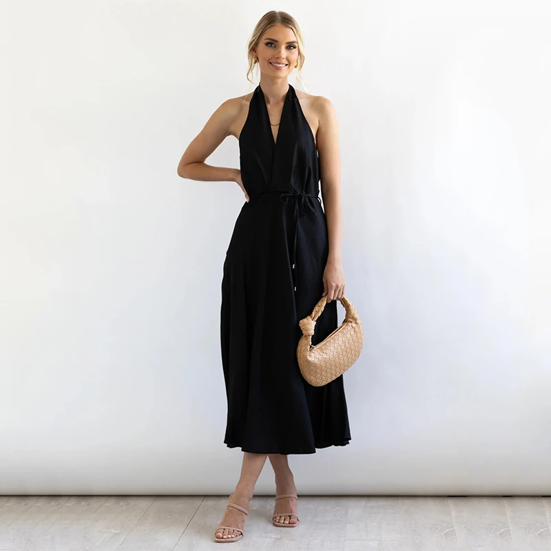 

Женское платье миди с лямкой на шее и открытой спиной, свободное повседневное модное платье, лето 2023