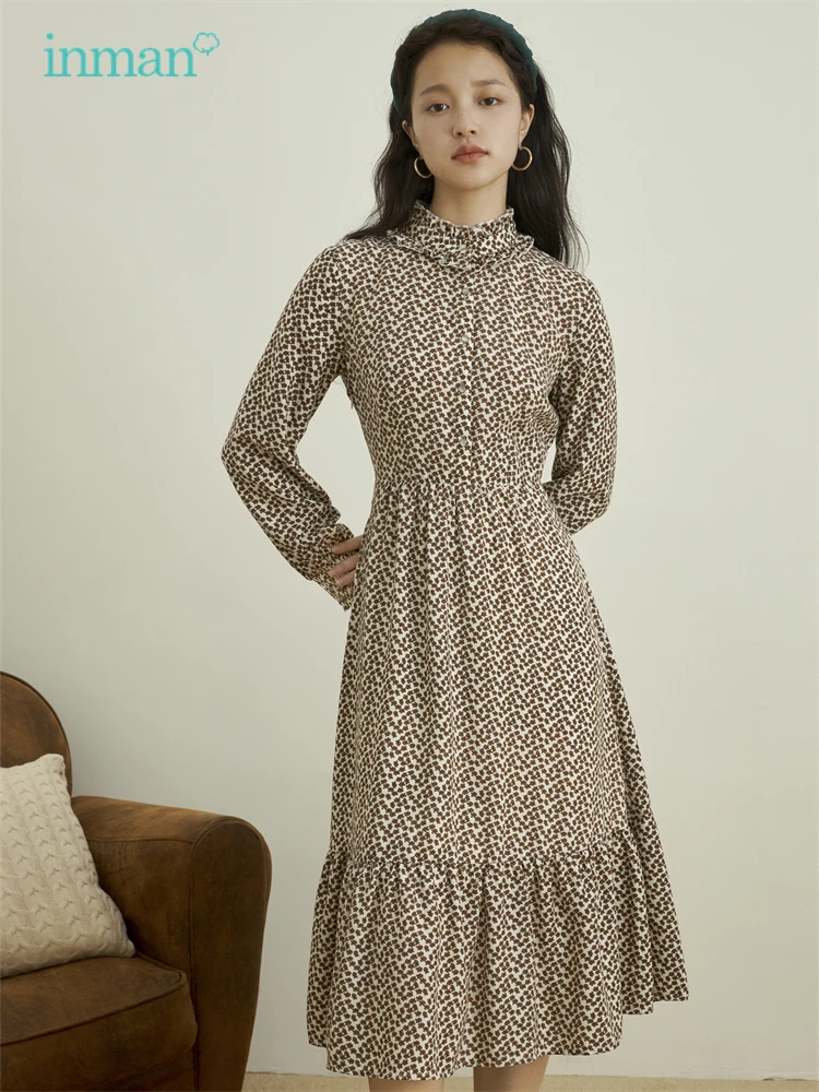 Женское платье INMAN весеннее винтажное для женщин с деревянными ушками стоячим