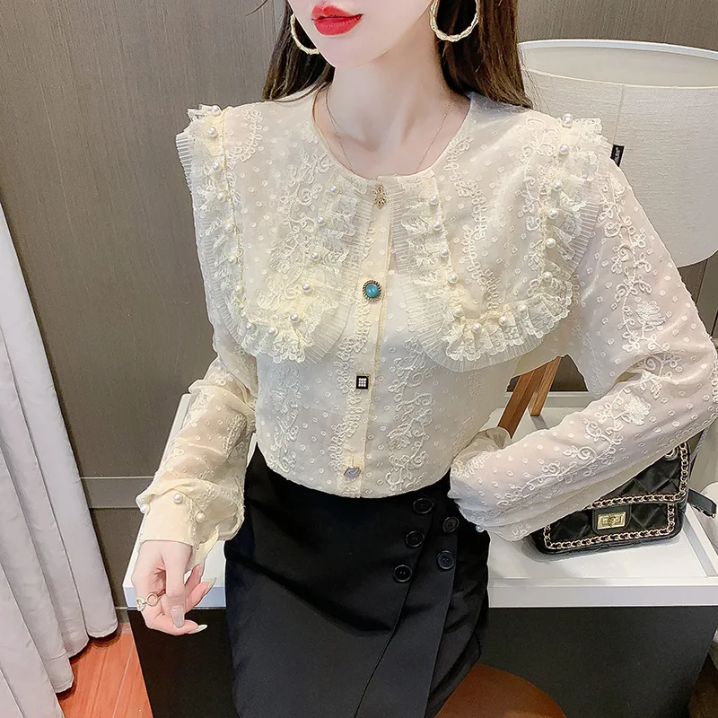 

Women Tops Long Sleeve Blouse Blusas Mujer De Moda Verano Elegantes Shirts Spring and Summer Lace Ruffles Korean Version