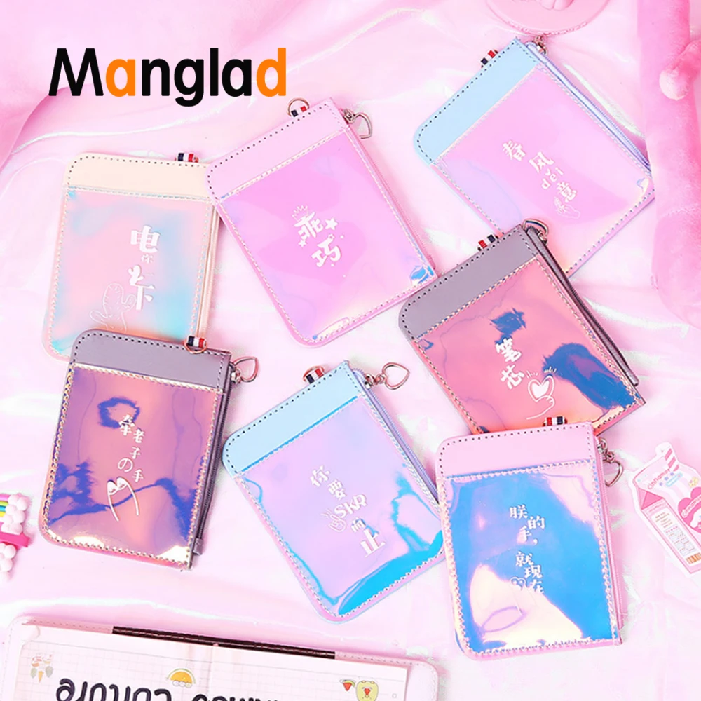 

Fashion Laser Holographic Mini Slim Card Wallet Neck Strap Card Holder Women Girl Cute Business ID Credit Card Case Zipper Purse