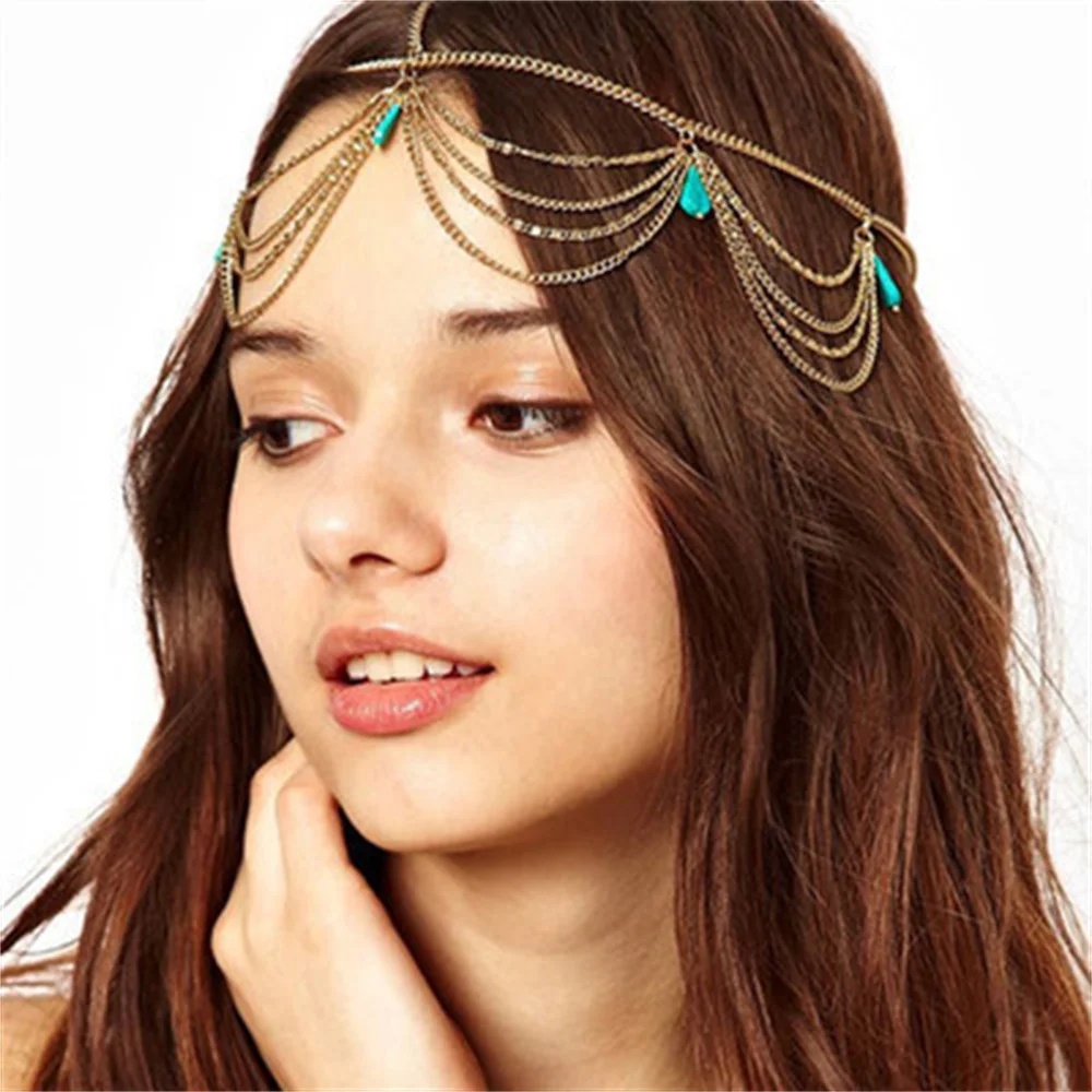 

New Hot Crystal Bohemian Hair Jewelry Party Wedding Vantage Crown Metal Tassel Women Head Chain Headband Headpiece Pince Femme