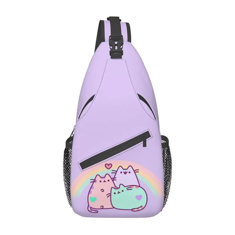 

Pusheens Cat Rainbow Heart Sling Crossbody Backpack Men Custom Catroon Kitten Chest Shoulder Bag for Cycling Camping Daypack