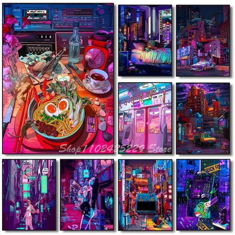 Современный стиль городской неоновый ночной город уличный постер искусство на