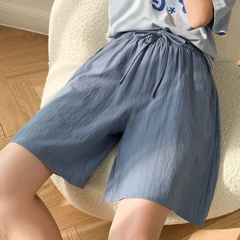 

Summer Cotton Linen Women's Shorts Drawstring Elastic Waist Pocket Half Pants Female Solid Loose Casual Wide Leg Shorts