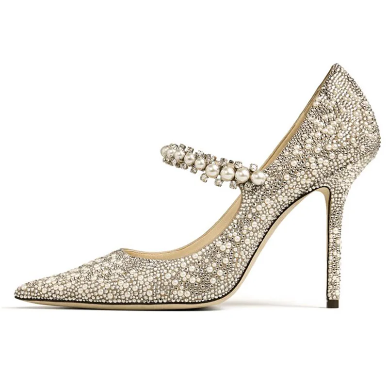 New Rhinestone 1CM/7CM/9CM High Heels Mary Jane Luxury Pumps Pointed Toe Woman Crystal Wedding Shoes Big Size 33~41