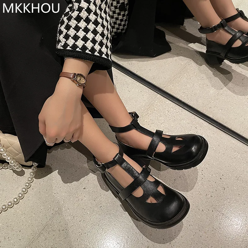 

MKKHOU Fashion Mary Jane Shoes New High Quality Genuine Leather Round Toe T-shaped Ankle Buckle Strap Mid-Heel Shoes Lolita