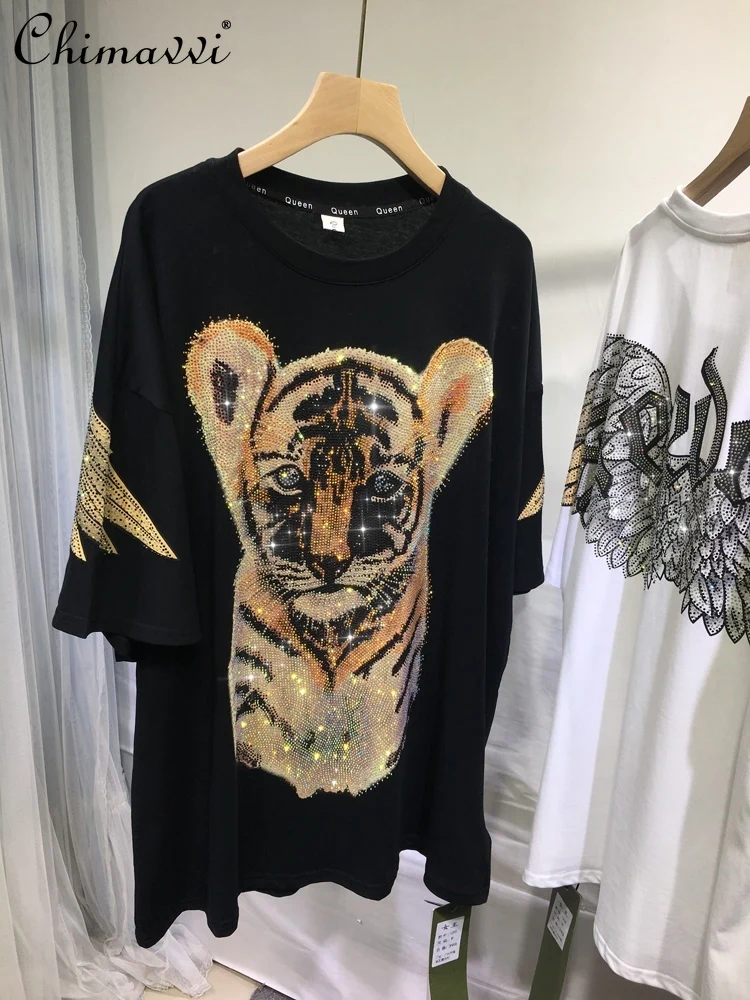 2022 Summer New Versatile Back with Big Wings Diamond T-shirt Women Fashion Animal Pattern Casual Pullover Top for Female