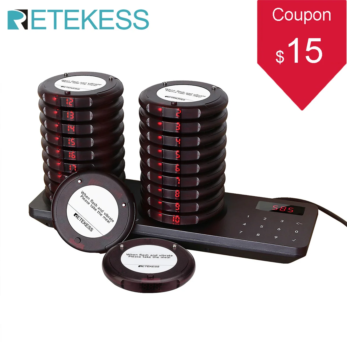 Retekess TD163 Restaurant Pager Calling Paging System 20 Coaster Buzzers Dual Charging Base For Cafe Church Clinic Food Court