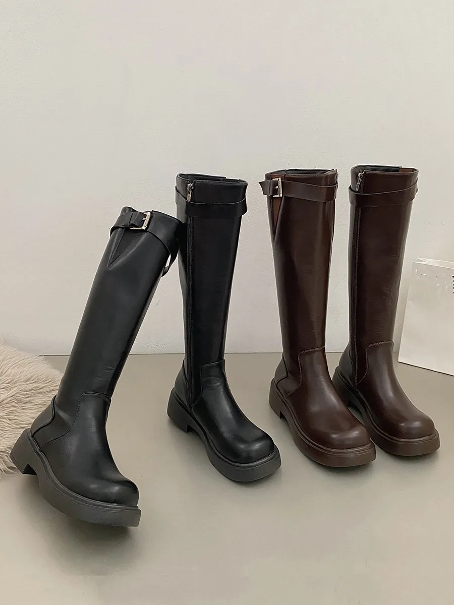 

Shoes Women's Heels Black Sneakers 2022 PU Rome Solid Rubber Round Toe Zip Over-the-Knee Med Basic Zipper Hoof Shoes Black Sneak