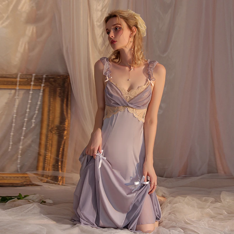 Female Nightgown Elegant Palace Style Lovely Fairy Long Nightgown Sleepwear Can Be Worn Outside Sleepshirt Satin Silk Home Dress