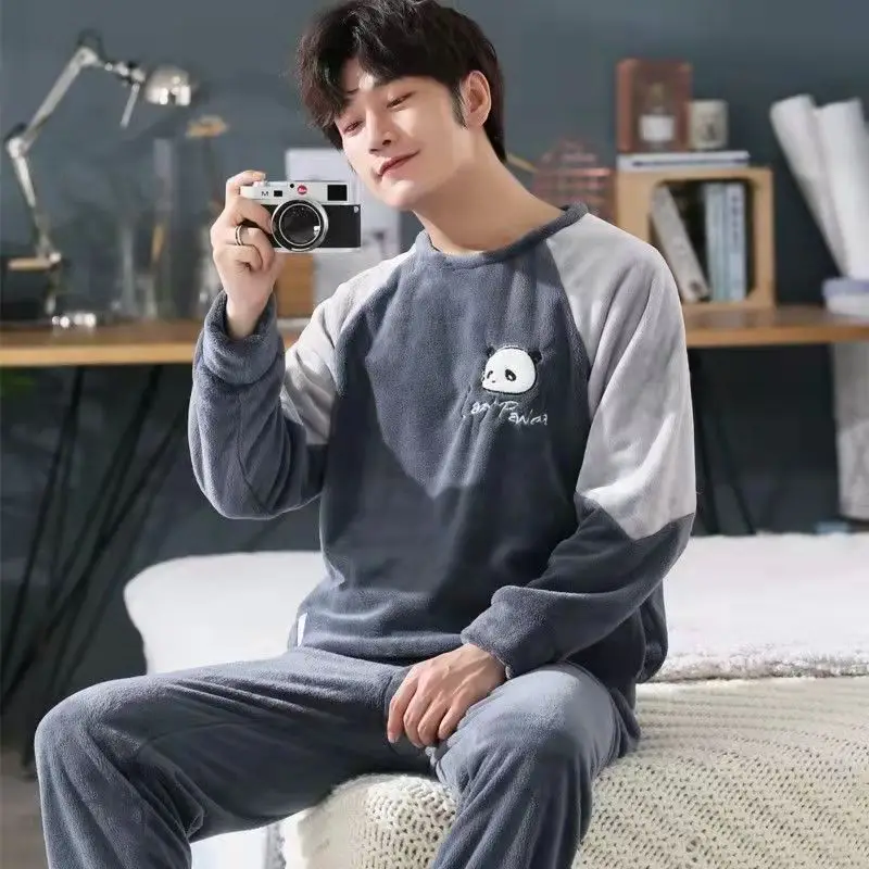 Men's Fashion Coral Fleece Pajamas Autumn and Winter Warm Panda Print Thicken Long Homewear Suit