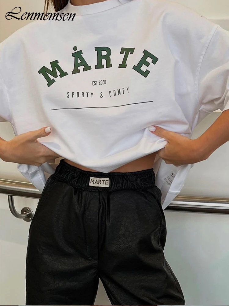 

Lenmemsen Summer Loose 100% Cotton Tees Women Soft Short Sleeve Letter Graphic T-shirts 2023 Casual Streetwear Basic Female Tops