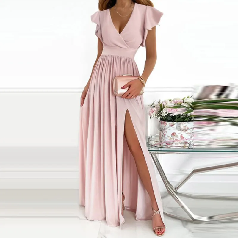 

Female Short Butterfly Sleeve Split Fork Party Dress Solid Slim V Neck High Waist Dress Women Casual Summer Maxi Dress