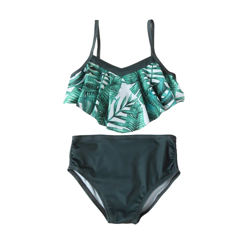 

Kids Baby Summer Girl Ruffle Print Bikini Leaf Print V Neck Camisole Tops+ Solid Color Shorts Swimsuit Beachwear Bathing Suit