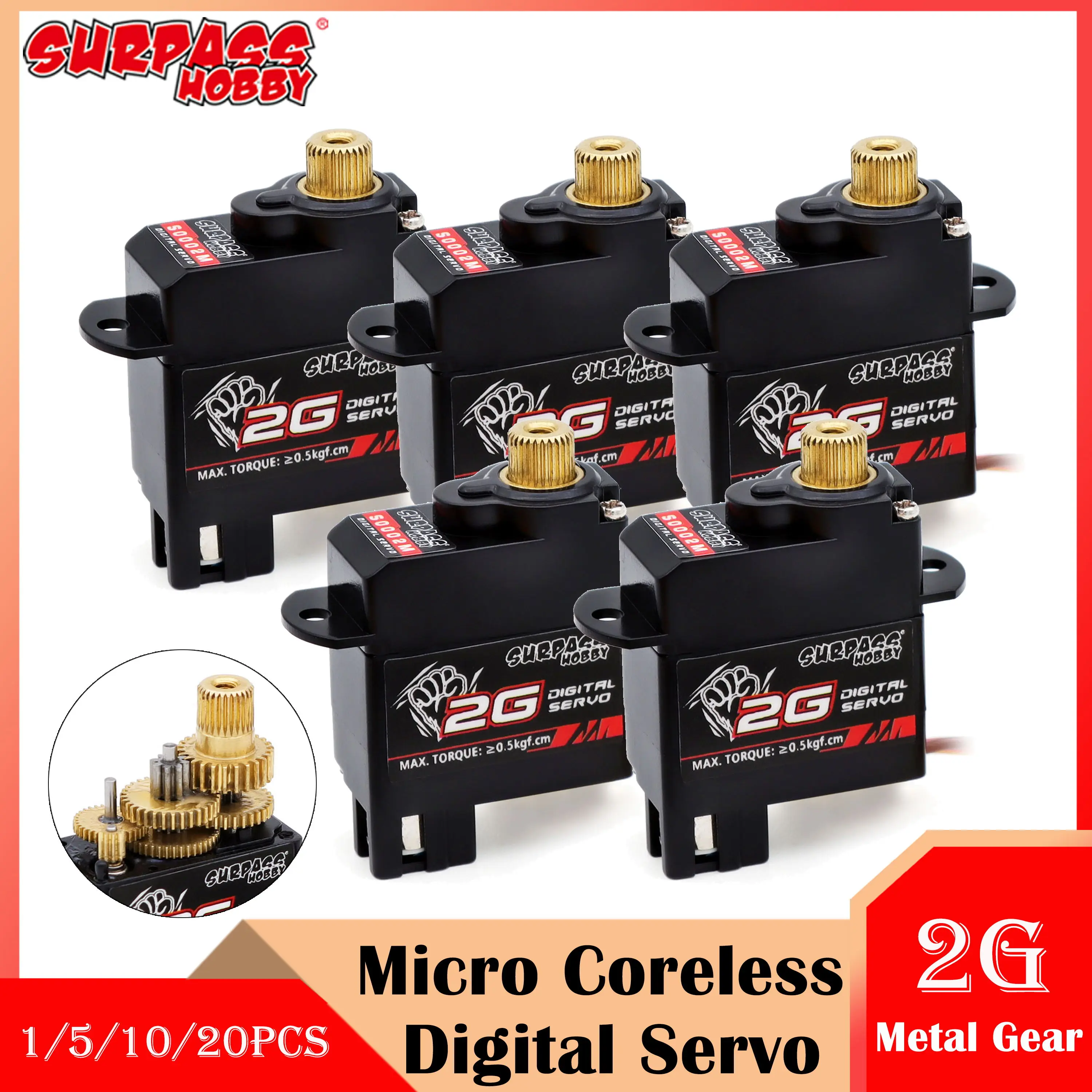 

1/5/10/20PCS Surpass Hobby 2g Micro Metal Gear Digital Servo Mini Coreless Motor for Rc Car Airplane Boat Fixed-wing Helicopter