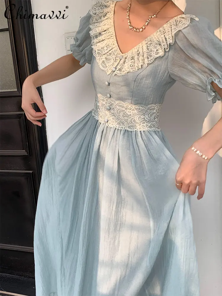 French Style V-neck Lace Stitching Elegant Dress for Women 2023 Spring and Summer New Waist Slimming Puff Short Sleeve Dress