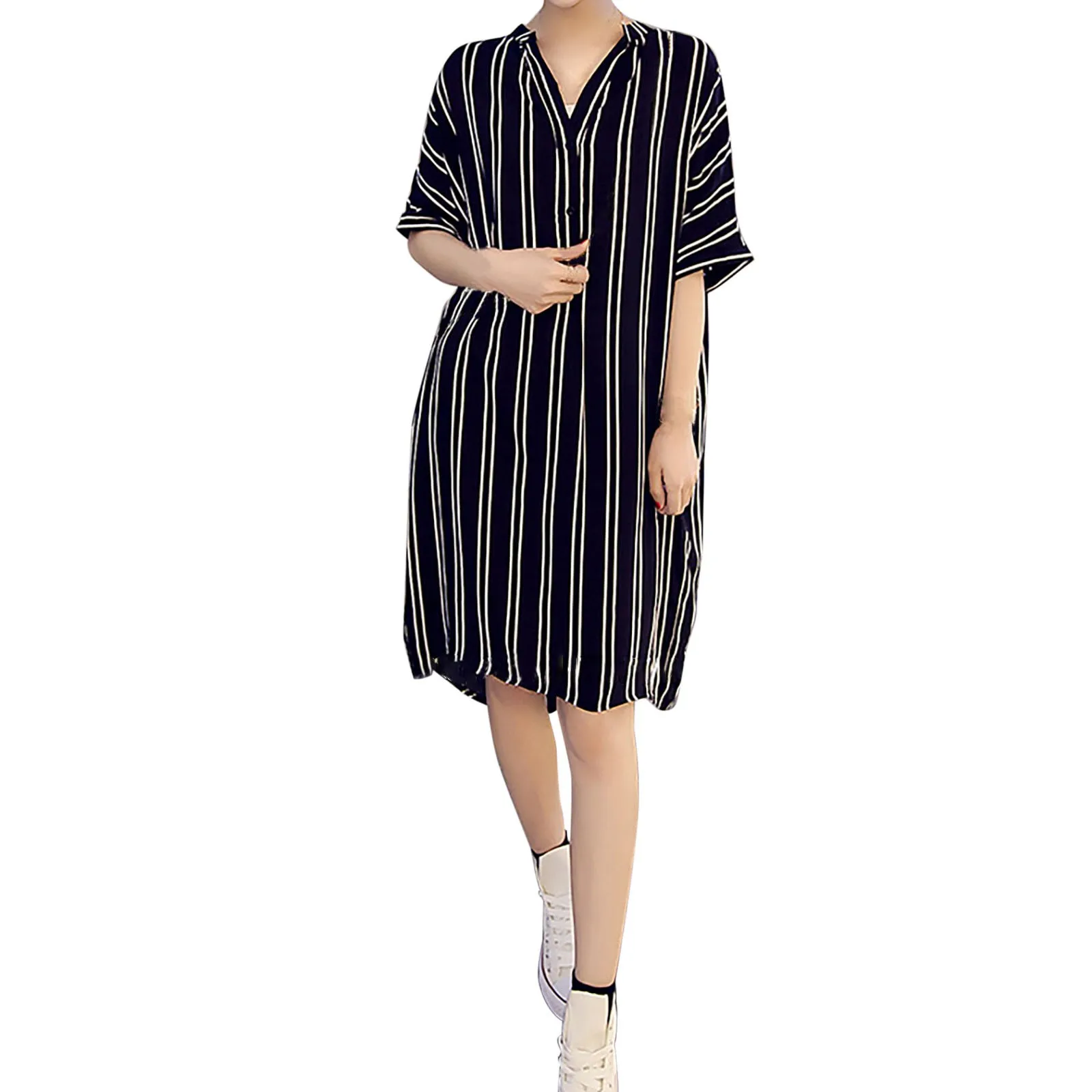 

Mini Sweater Dress for Women Ladies Summer Casual Loose Vertical Striped Mid Length Shirt Single Long Sleeve Dress T Shirt