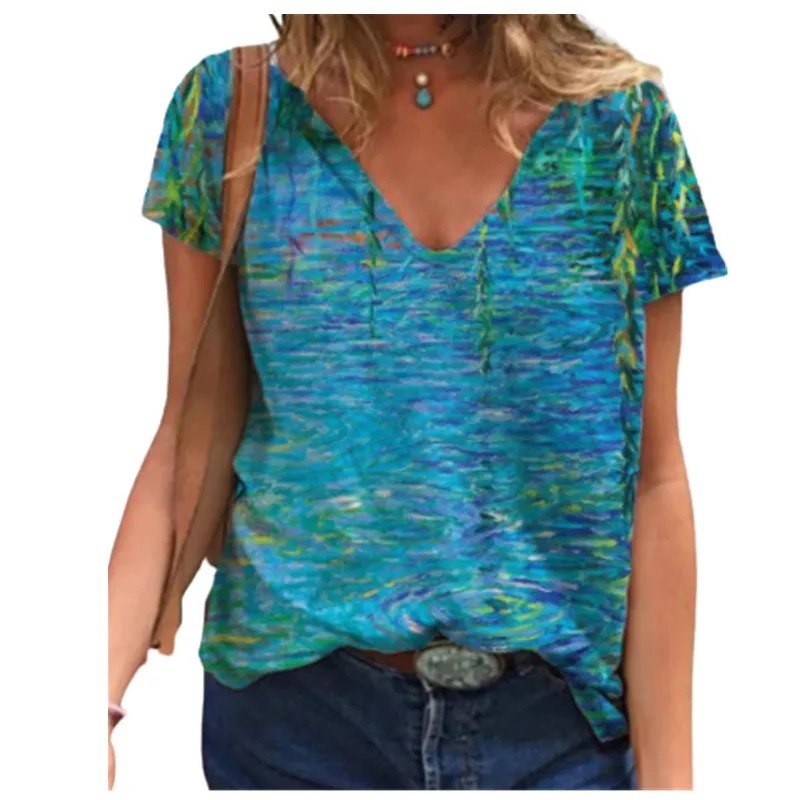 

SNAKE YX 2022 Summer Butterfly Print Short Sleeve V-Neck Women's Loose T-Shirt