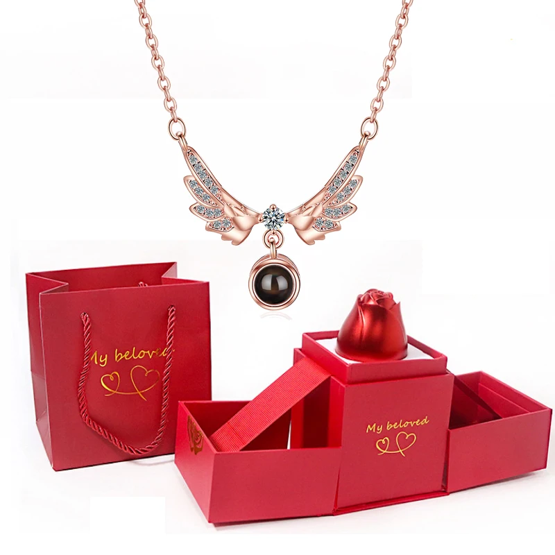 

Angel Wings Necklace With Rose Gift Box 100 Languages I Love You Projection Pendant Jewelry 2023 Romantic Accessories Wholesale