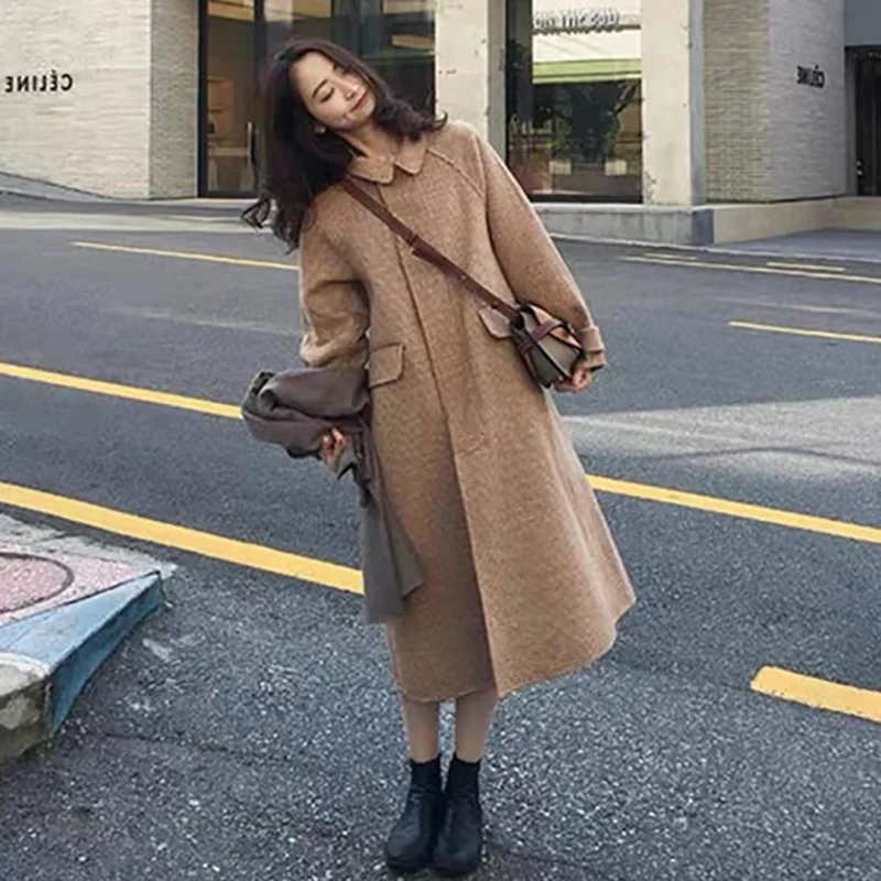 

Plaid Blends Vintage Outerwear Warm Loose Winter WomenThicken Hepburn Korean Coat Woolen Double Sided Cashmere Jacket