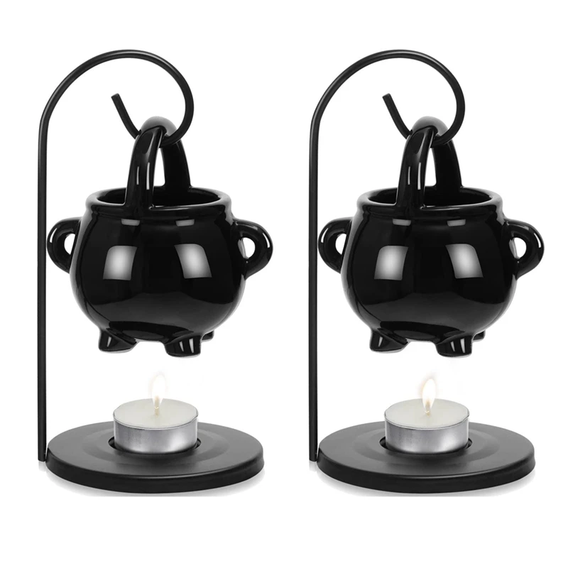 

2Pcs Hanging Cauldron With Handle Lid Home Black Christmas Wax Warm Diffuser Ceramic Witches Cauldron