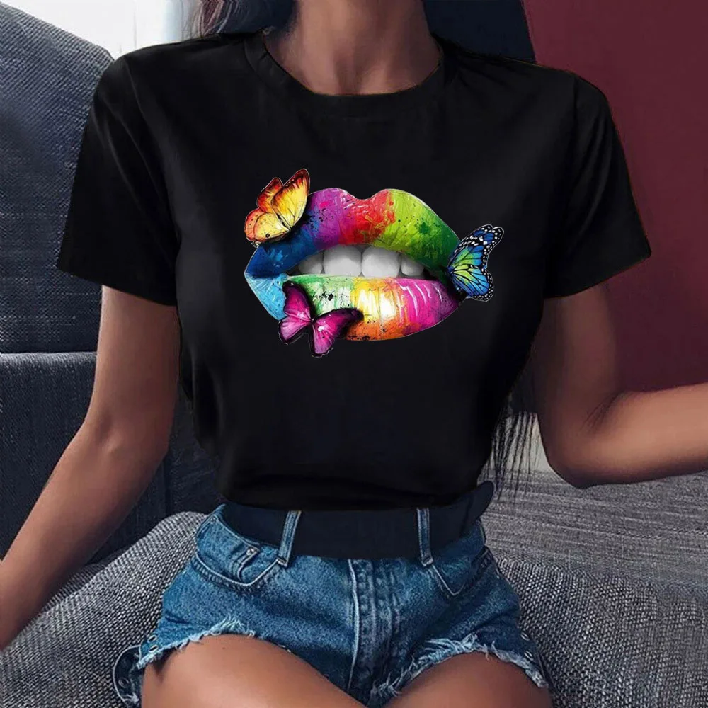 

Colored Lips and Butterfly Print T Shirt Fashion Women Black T Shirt Summer Female Short Sleeve Tops Tee Ladies Cute T-shirts