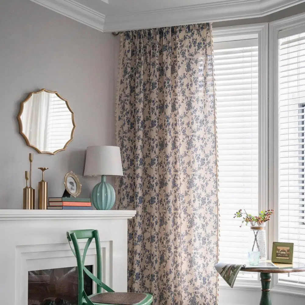 

Cotton Linen Kitchen Curtain with Tassel Stylish Half-Shading Decorative Easy to Care Curtain for Home Use