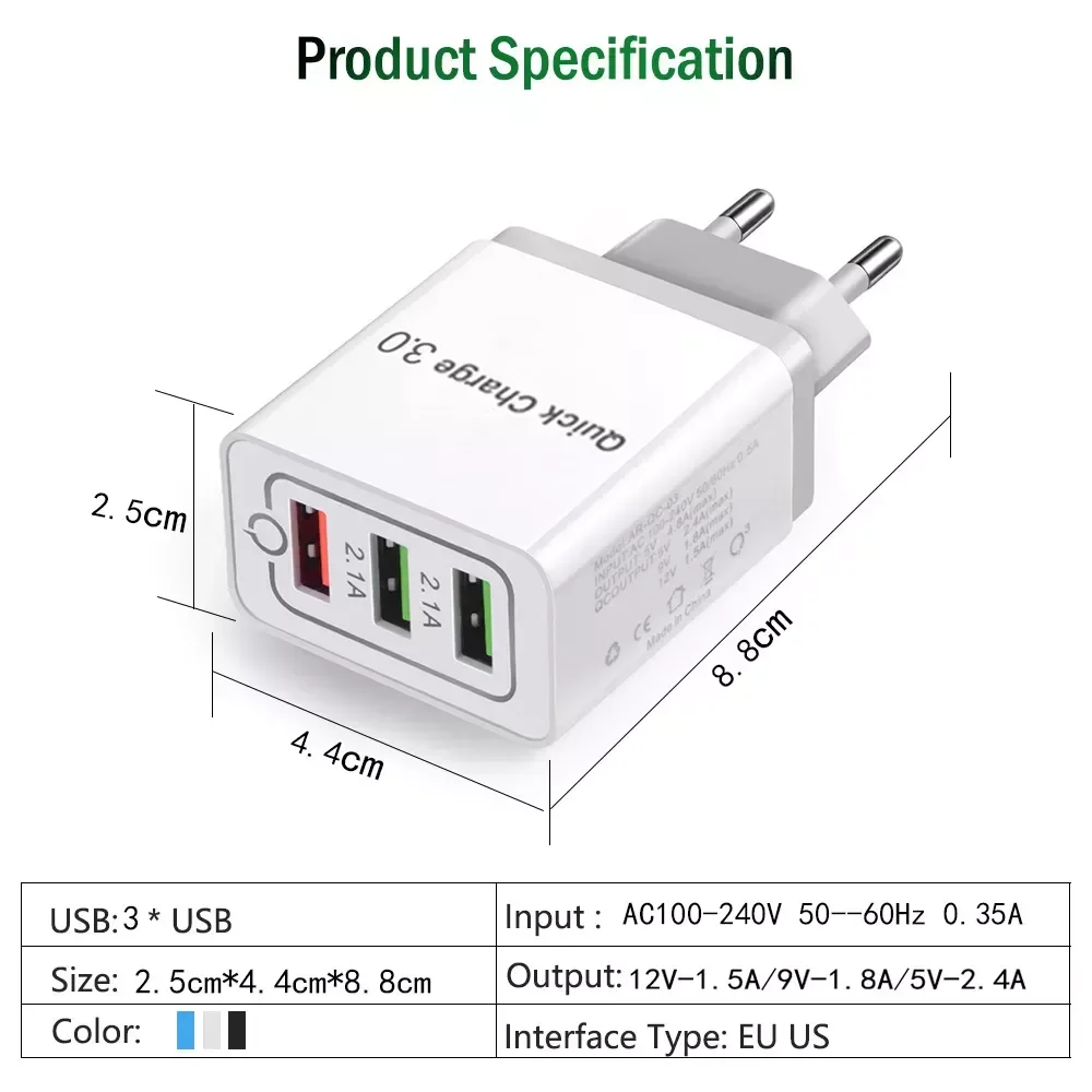 

3 USB Charger Quick Charge 3.0 Fast USB Wall Charger Portable Mobile Charger QC 3.0 Adapter X EU US Plug