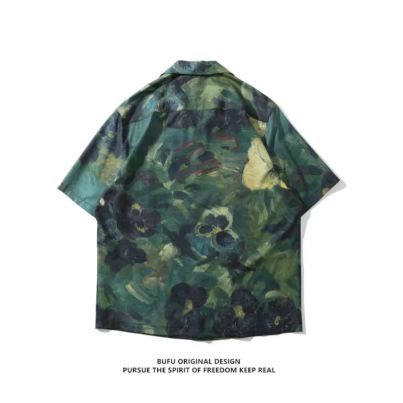 Retro Painting Graffiti New Shirts for Men Clothing Short Sleeve Loose Beach Hawaiian Summer Button Up Shirt Neutral Wind