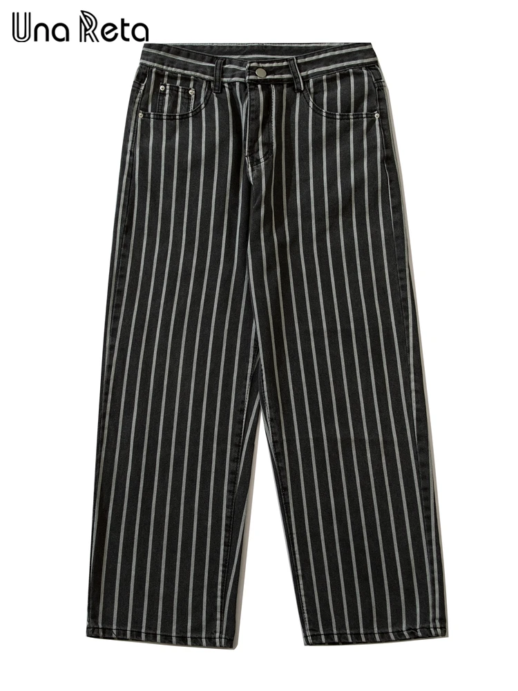 

Una Reta Stripe Print Men Jeans New Hip Hop Denim Jean Zipper Streetwear Men's Pant Harajuku Loose Straight Trousers Jeans