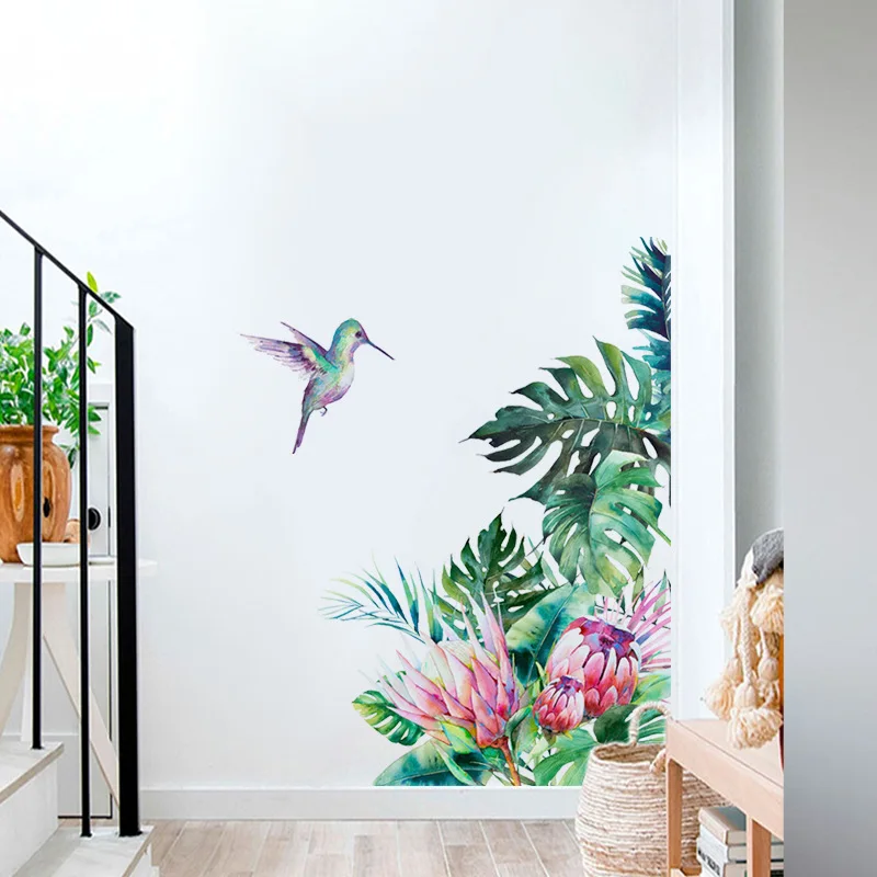 

Tropical Leaves Refrigerator Wall Stickers Flowers Bird Mural Wall Decals Removable Bedroom Living Room Decoration Home Decor