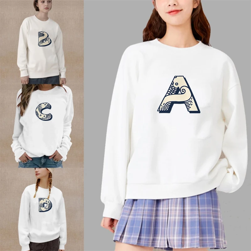 

Women Pullover Fashion Waves Letters High Quality Print Round Neck Loose Sweatshirt Casual Round Neck Female Clothing for Women