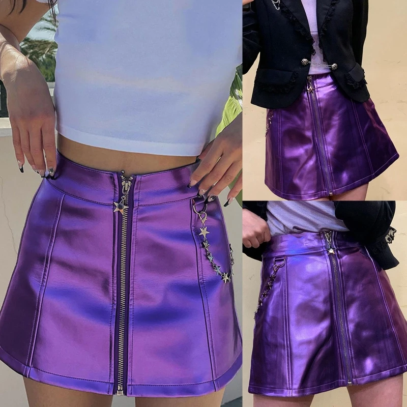 

Women Sweet Disco Dancing High Waist Shiny Mini A-Line Skirt Punk Style Star Chain Patchwork Zipper Up Front Streetwear