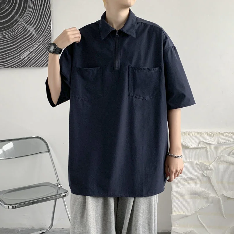

Summer Blue/black Short Sleeve T-Shirt Men's Fashion Pocket Casual Lapel T Shirt Men Korean Loose Polo Shirt Mens Top M-2XL