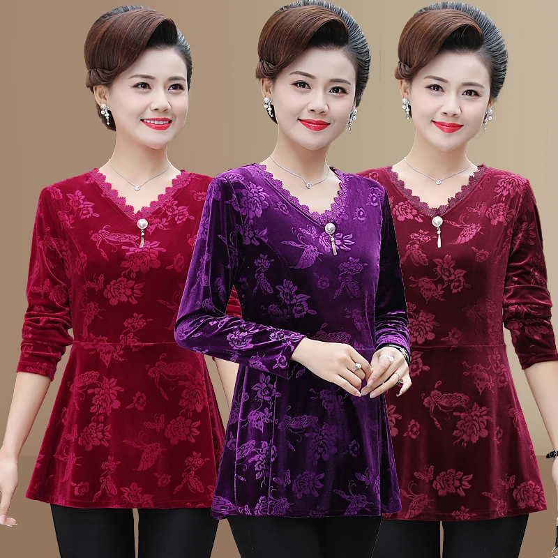 

New Autumn Women Lace V neck T Shirt Velvet T-Shirts Female Long Sleeve Tee Shirts Femme jacquard weave Tops Pullover
