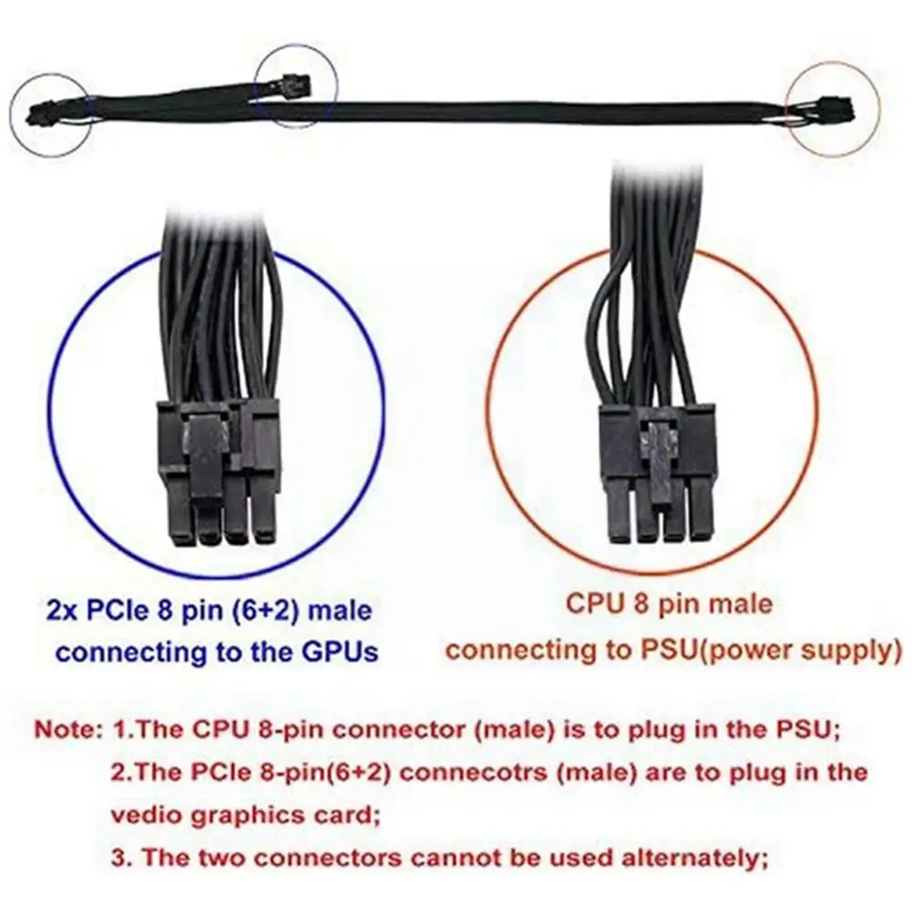 

8pin Male To Dual 6+2pin Male Power Module Cable Graphics Card Cable 60cm+20cm Computer Black Cable Z6c1