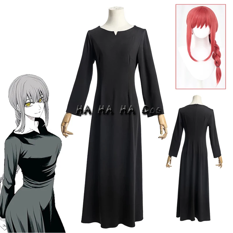 

Костюм для косплея из аниме бензопилы макима для мужчин и женщин, костюм, Униформа, черное платье, красный парик, вечернее платье, Хэллоуин, к...