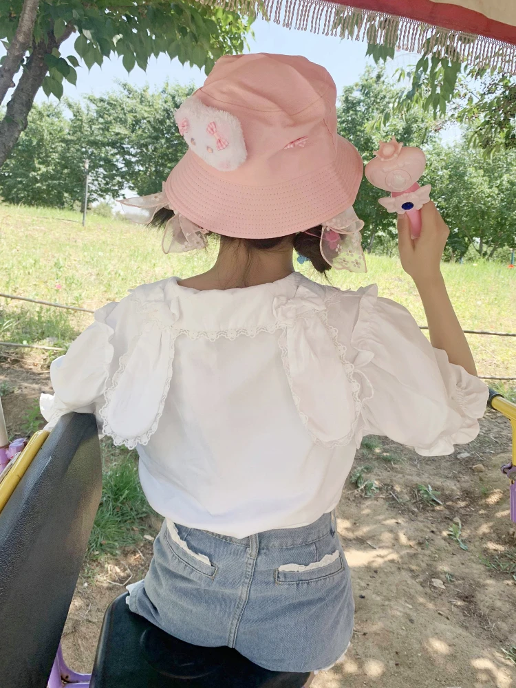 

Japanese Kawaii White Lolita Blouses Women Sweet Pete Pan Collar Preppt Style Shirts Tops Girls Cute Ruffles Short Blouse Summer