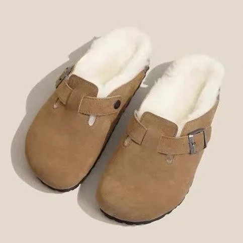 

2023 New Winter Boston Fur Clogs for Women Home Furry Mules Female Indoor Warm Short Plush Cork Flat Slides Warm Zuecos Mujer