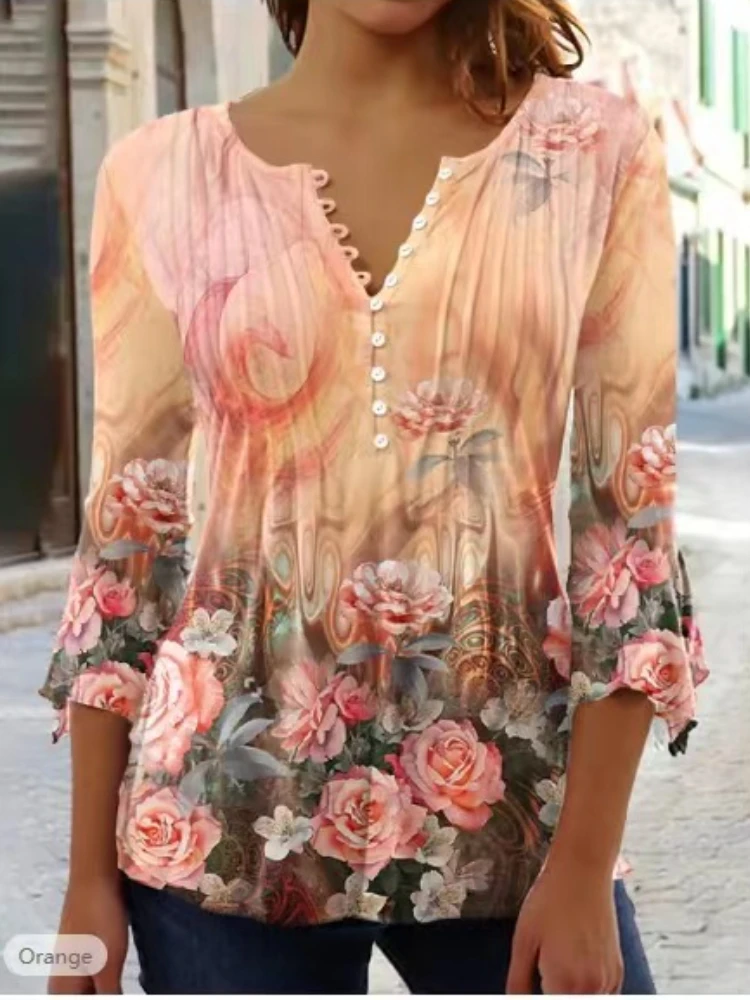 

2023 Spring Summer Vintage T Shirts Women Tops Fashion Floral Print Clothes Ladies Office V Neck Buttons Pleated T Shirt