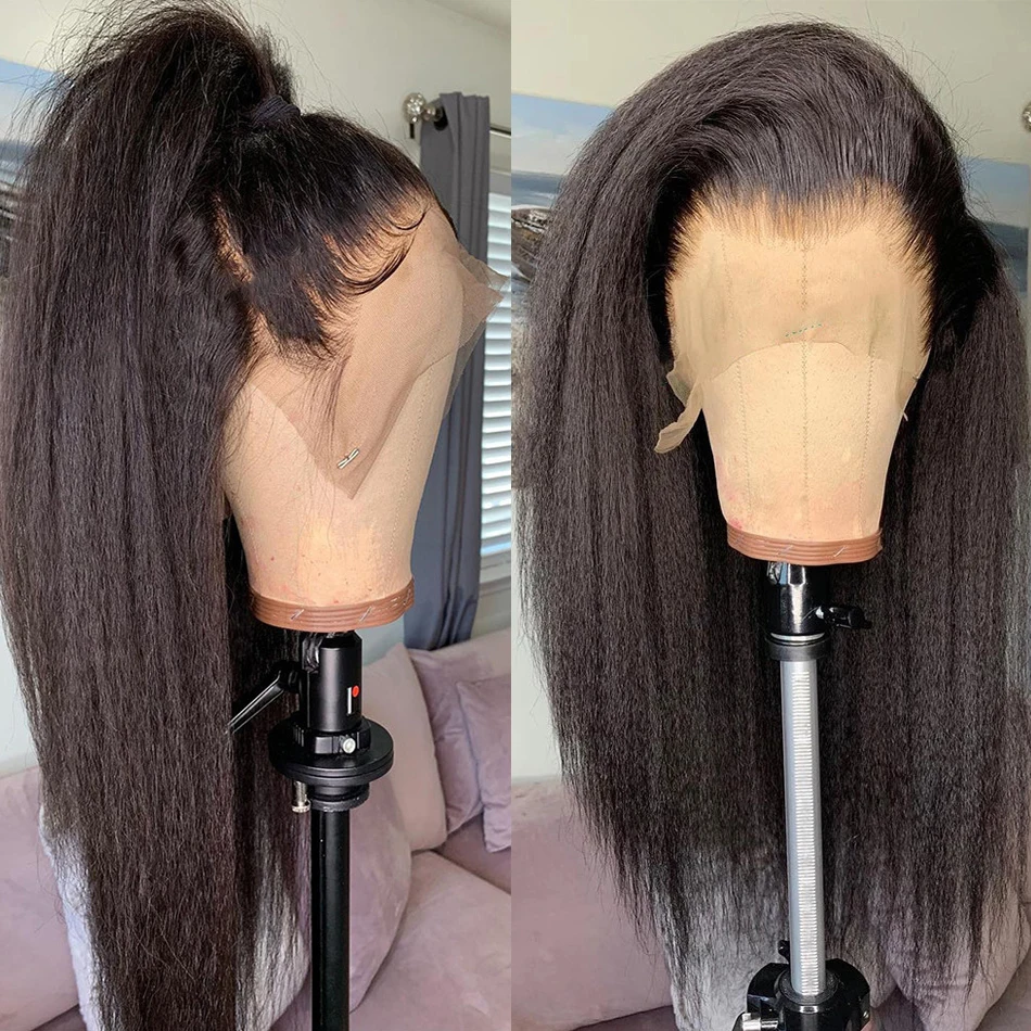 

Soft Natural Black 26Inch Long Yaki Kinky Straight Lace Front Wig For Women Babyhair Preplucked Heat Resistant Fiber Hair Daily