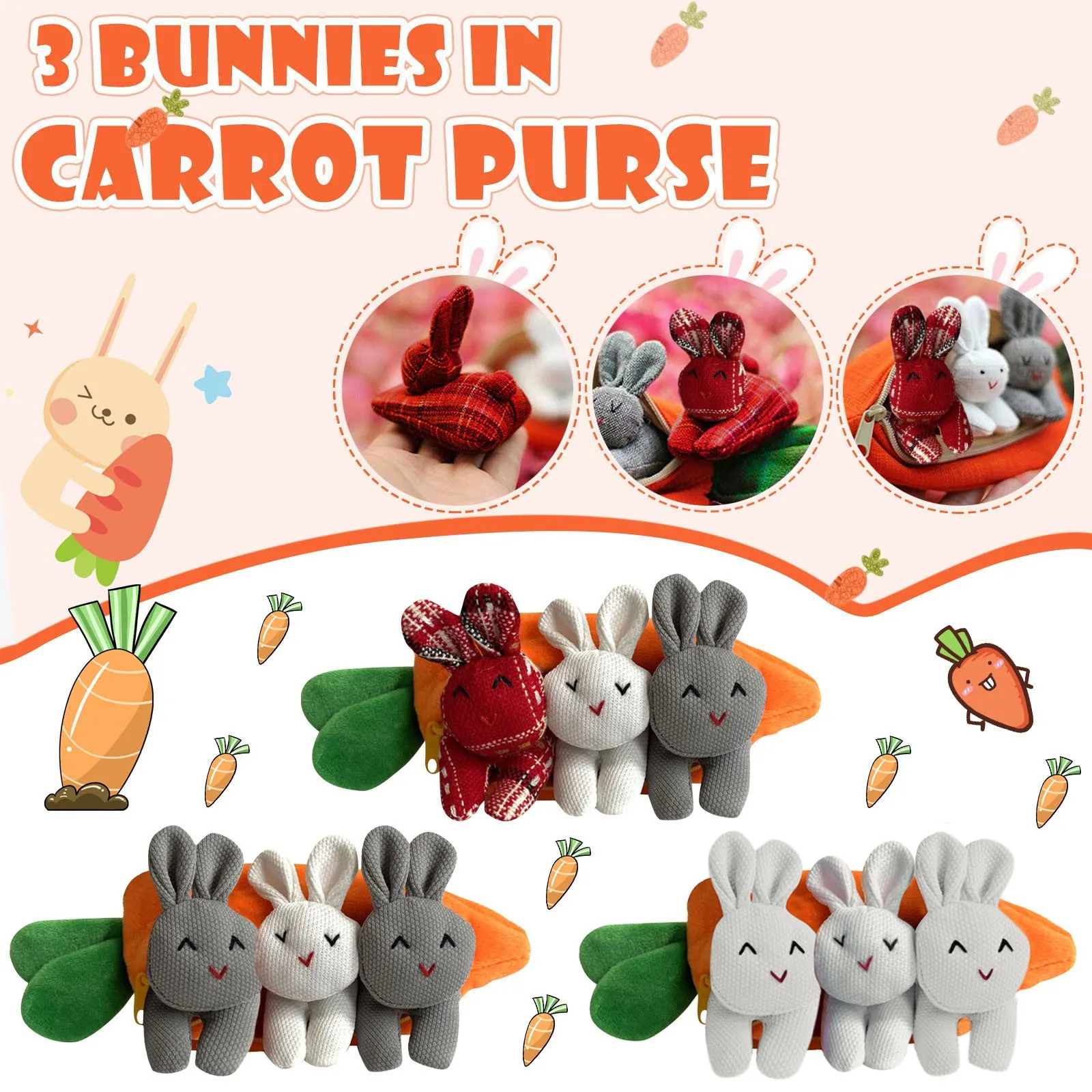 

Cute Easter Bunny Dolls Soft Unzip The Rabbit Doll Toy3 Bunnies In Carrot Purse Carrot Zipper Bag Cute Fun Toy Kids Holiday Gift