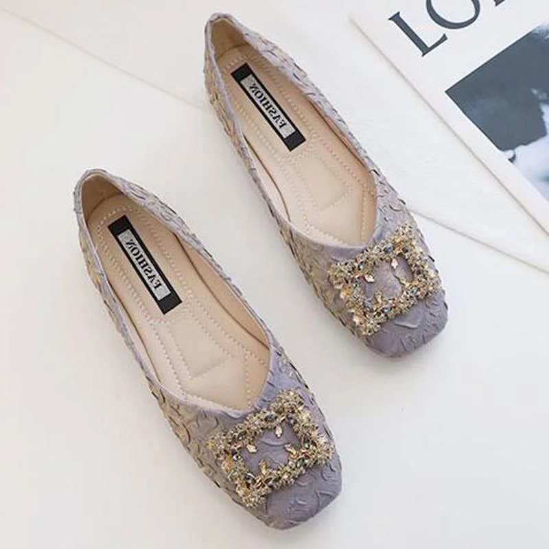 

Soft-soled shoes woman 2023 spring new ladies party ballet flats with bling rhinestones buckle square toe shallow ladies loafer