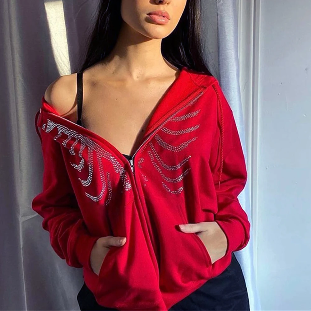 Y2K куртки готические Стразы Толстовка со скелетом женские черные свитшоты на