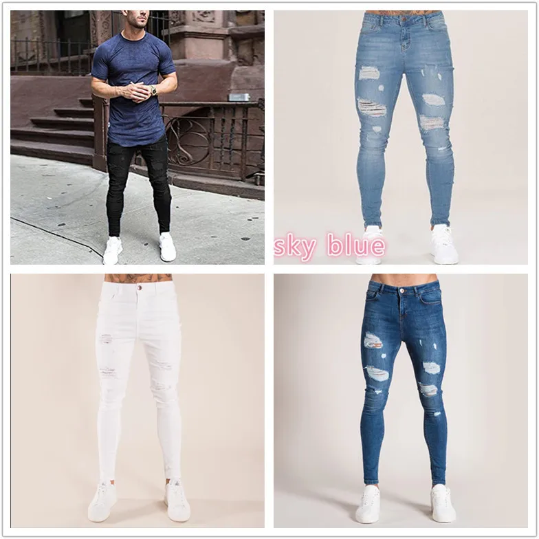 

2022 new Jeans Men's Washed Men's Tight Knee Hole European Station 2022 Spring/Summer Thin Men's stacked jeans