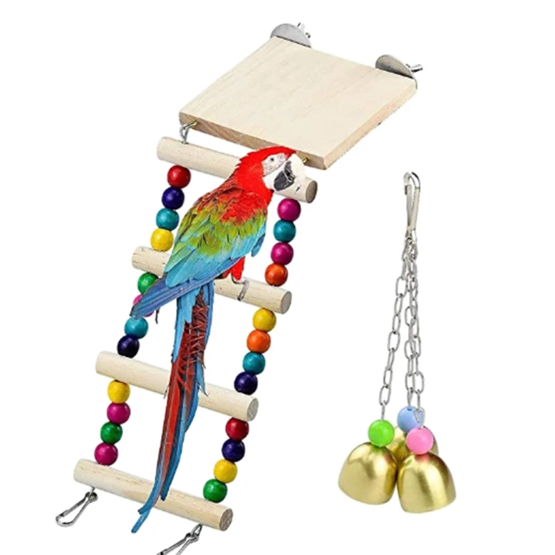 

2Pcs Wooden Parrot Hamster Crawling Ladder Springboard Perches Bird Bite Bell Chew Cage Decor