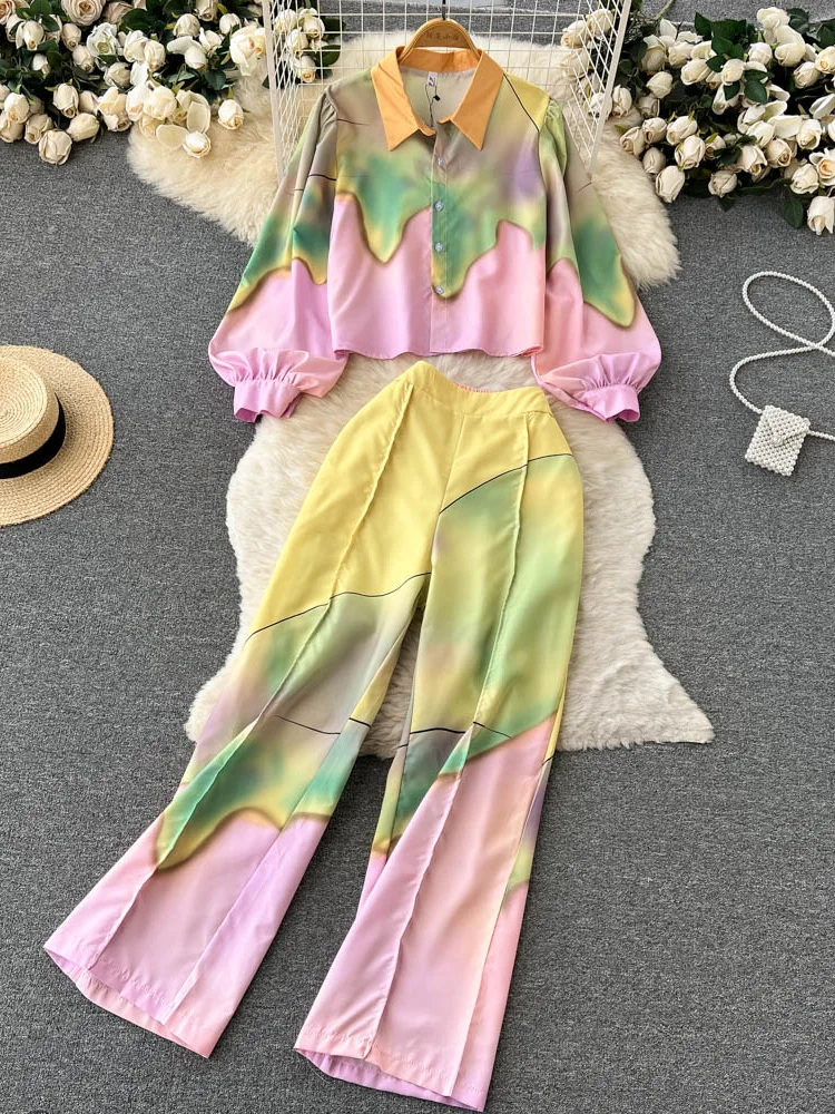 

Autumn Beautiful Western Female Print Temperament Long-sleeved Shirt Top High Waist Wide Leg Pants Two-piece Set Women D1493