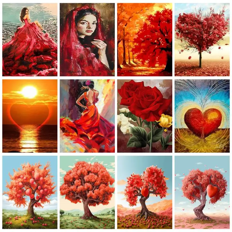 

Красное дерево RUOPOTY, набор для рисования по номерам для начинающих, рамка, ландшафт, поделки ручной росписи, искусственная кожа для украшения дома