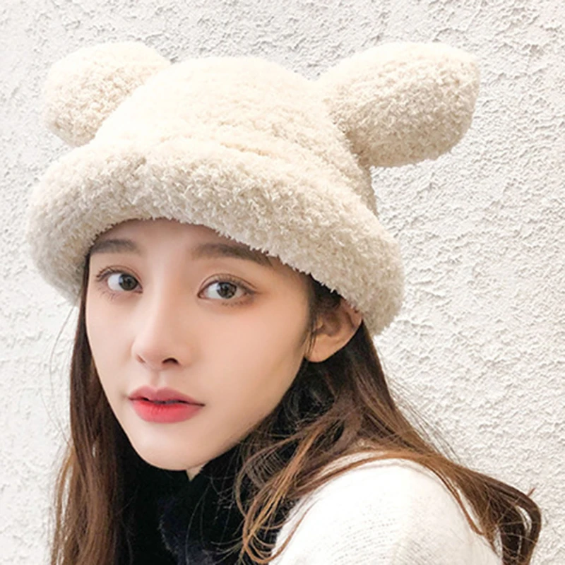 

Autumn Winter New Ins Style Lovely And Interesting Warm Windproof Cold Resistant Bear Ears Plush Hat Basin Cap Woman Girl