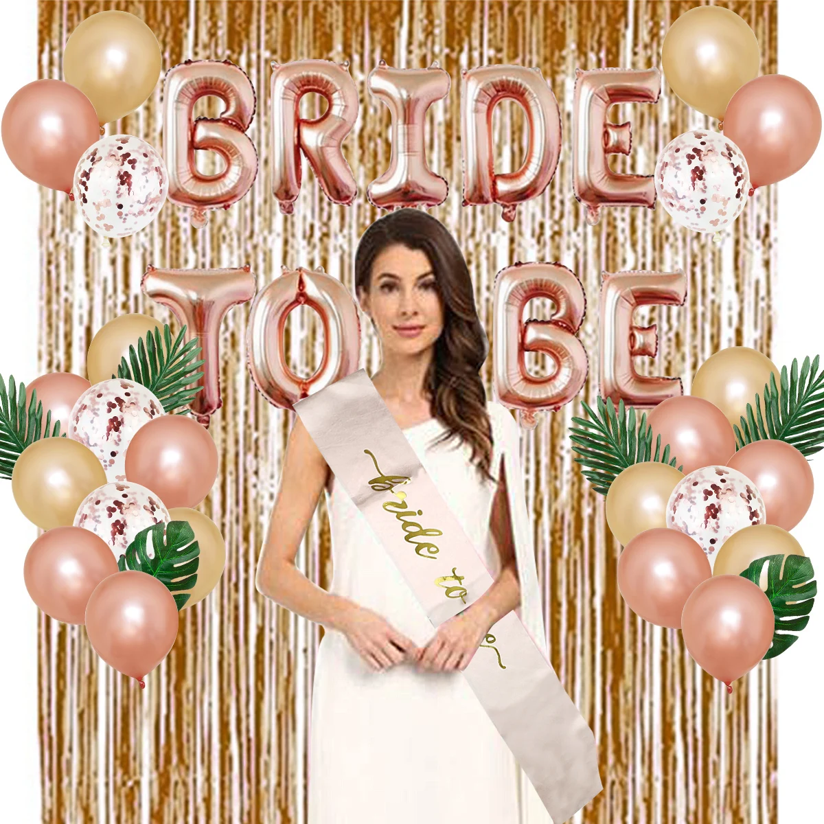 

Rose Gold Bachelorette Party Decor Kit Bridal Shower Supplies Bride to Be Sash Balloons Table Cloth Foil Curtain Rose Gold